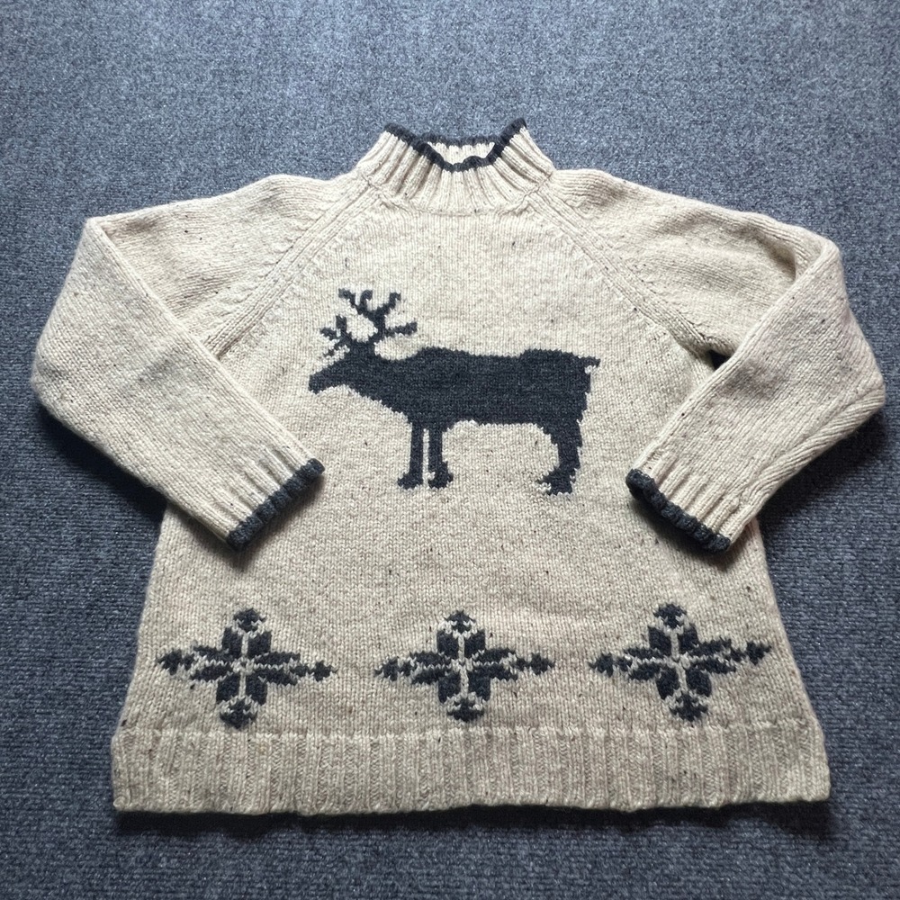 RARE Vintage Eddie Bauer Wool Reindeer Sweater Womens Medium Cream 90s Y2K